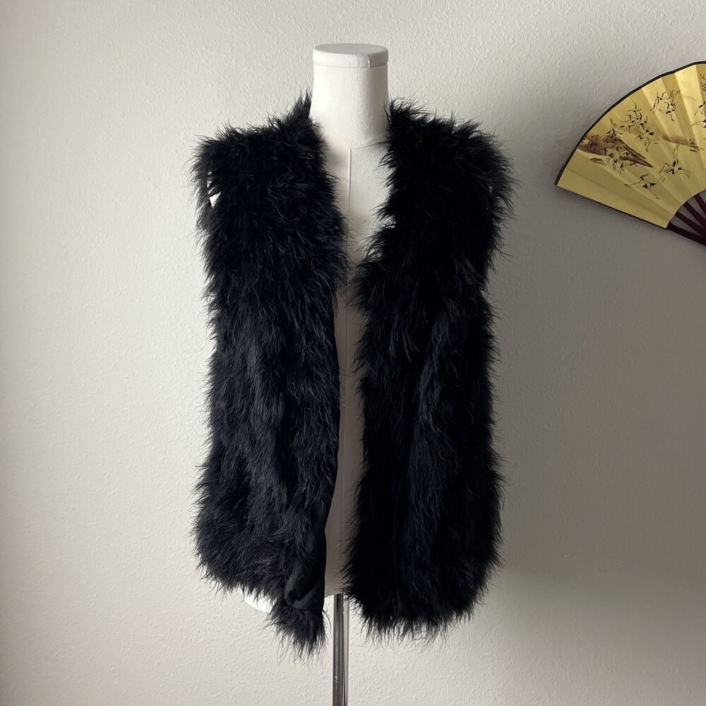 y2k black real feather minimalist chic open front vest